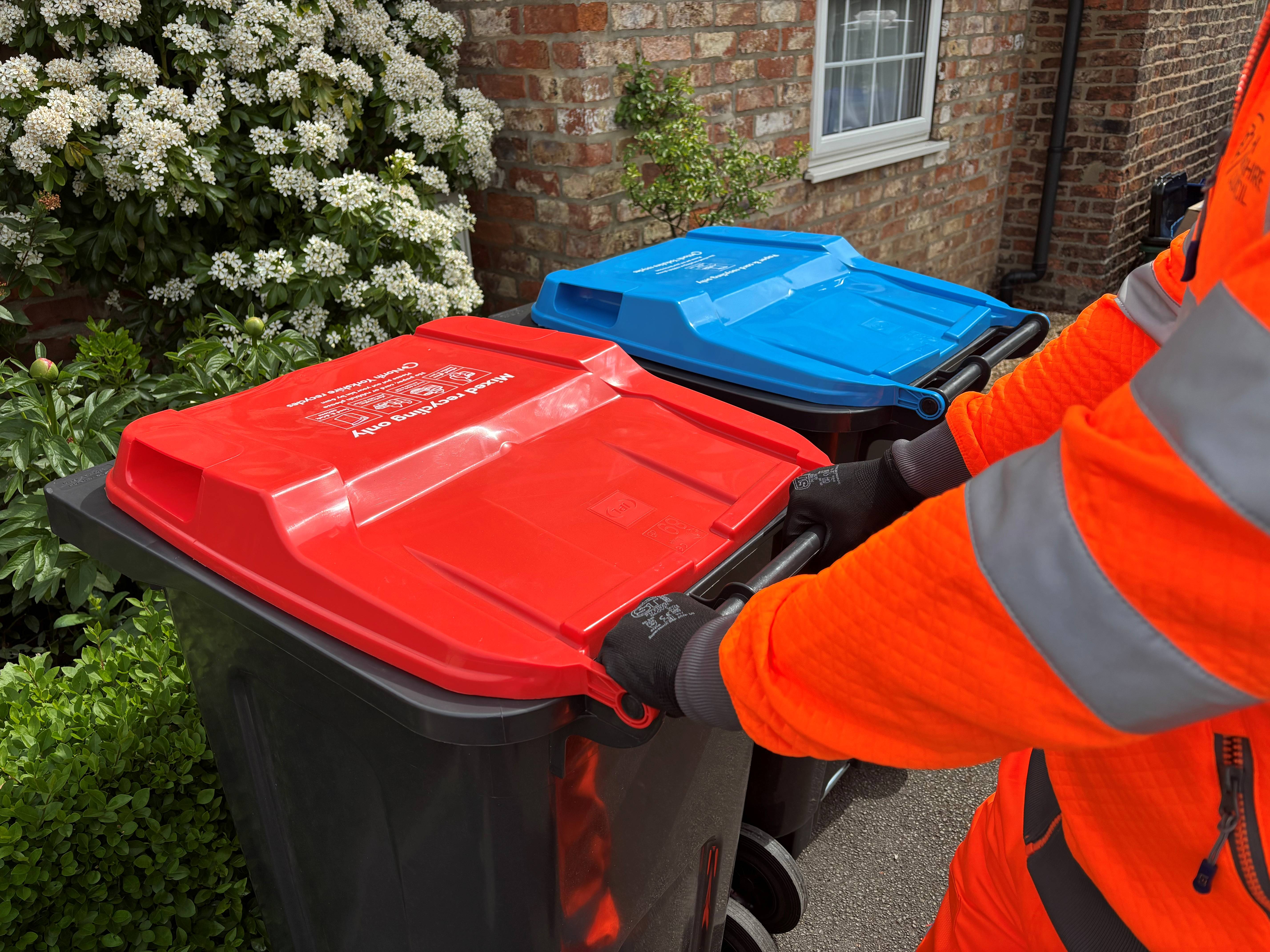 Photo showing two wheelie bins. One with a red lid and one with a blue lid