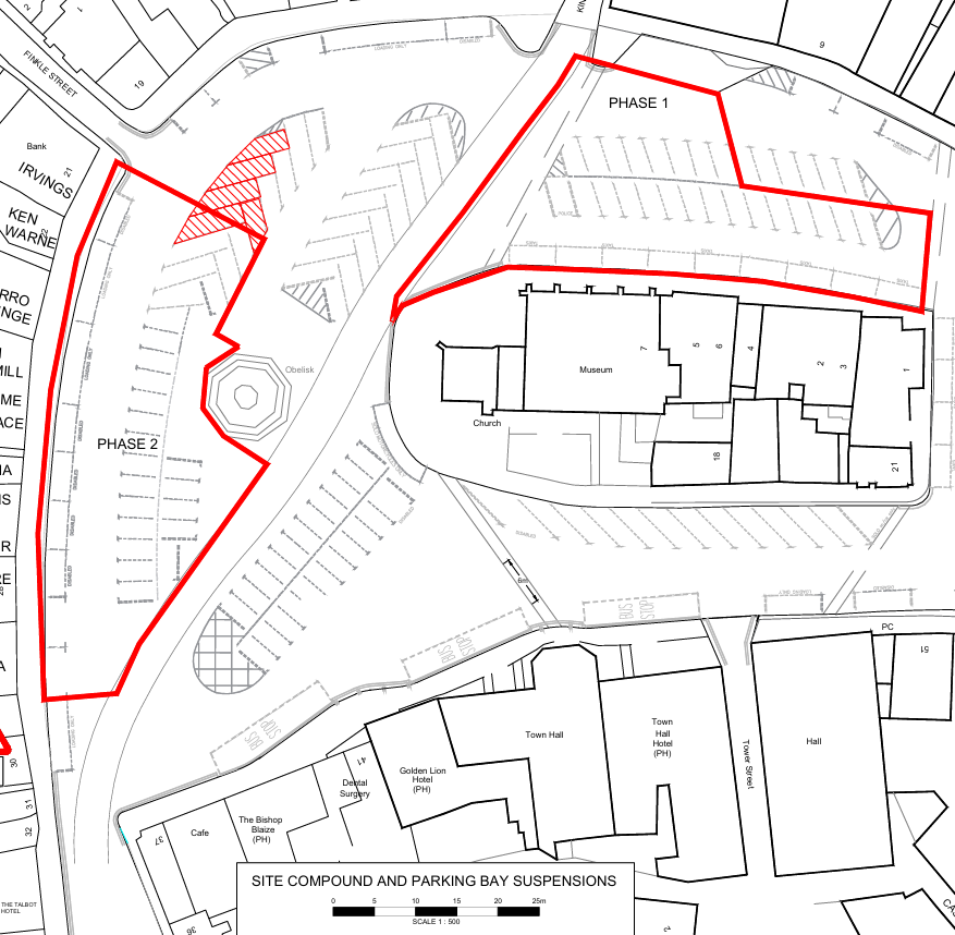 Map of Richmond Market Square showing areas outlined in red where the cobbles are to be relaid Map of Richmond Market Square showing areas outlined in red where the cobbles are to be relaid